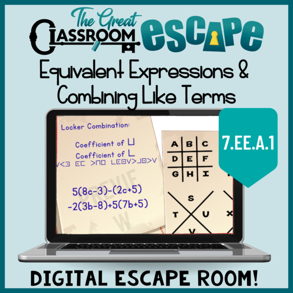 Fun and engaging seventh grade math digital escape room has students forming equivalent expressions by combining like terms, adding linear expressions, subtracting linear expressions, factoring, and distributing. This activity is the perfect way to practice 7th grade math standard 7.EE.A.1 and is a great worksheet alternative to keep students collaborating and increase engagment.