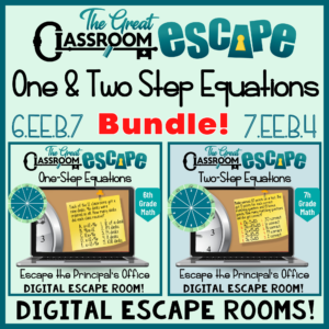 These two digital escape rooms allow teachers to differentiate with their middle school math class. One version of "Escape the Principal's Office" focuses on solving one-step equations based on 6th grade math standard 6.EE.B.7. The second version is based on 7th grade math standard 7.EE.B.4 and has students solving two-step algebraic equations. Error analysis, inverse operations, isolating the variable, and word problems are all covered in these fun and engaging middle school math activities.