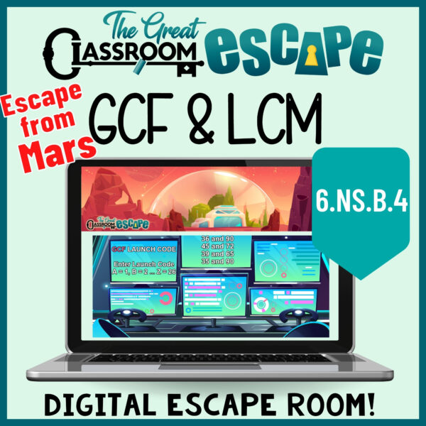 Finding the greatest common factor and least common multiple of numbers takes on a new sense of urgency as students must use these clues to escape the colony on Mars before the launch window closes. Based on math standard 6.NS.B.4, students solve GCF and LCM word problems, use the distributive property to factor out the greatest common factor, solve puzzles and ciphers, and much more!