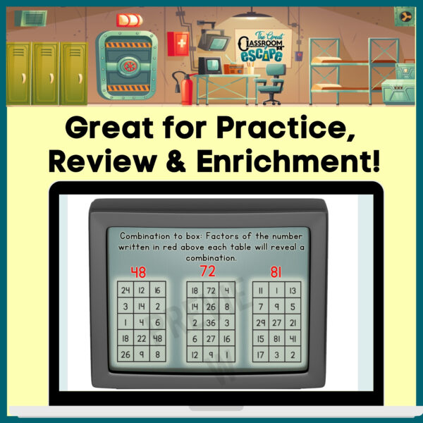 Give your fourth graders a break from math worksheets with this engaging factors and multiples digital escape room. Based on fourth grade math standard 4.OA.B.4, students will race to identify prime numbers and find factors and multiples in order to escape the bunker.