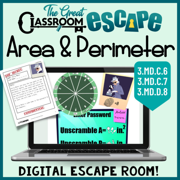 Third grade students will be engaged in finding the area and perimeter of rectangles in this exciting digital escape room. Practice finding area by counting unit squares and multiplying side lengths. Decipher codes and messages to find the missing detectives.