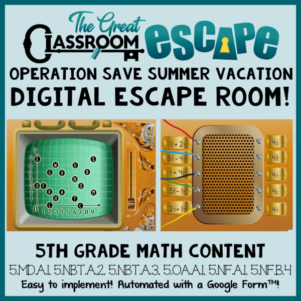 Help your fifth graders review for end-of-grade testing with this engaging digital escape room. A variety of fifth grade math standards are addressed in this activity which encourages collaboration. Based on common core math standards, this digital escape room activity is the perfect way to practice and review!