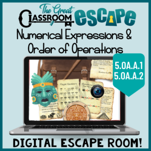 Fifth grade math digital escape room for evaluating numerical expressions with parentheses and brackets using order of operations and writing and interpreting numerical expressions. Based on 5th grade math standards 5.OA.A.1 and 5.OA.A.2, this activity will keep students engaged and is great for practice and review.