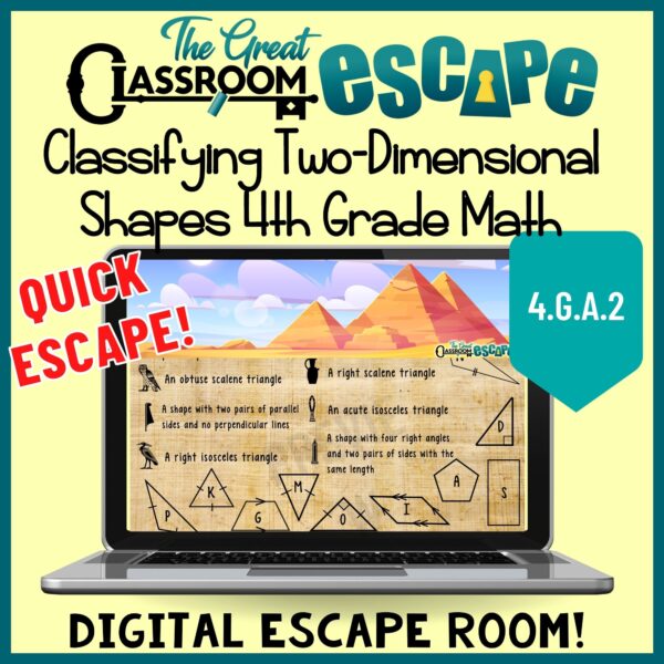 Fourth Grade Math Geometry Activity focusing on classifying triangles by angles and sides. This digital escape room is a great way to practice 4.G.A.2 with your fourth grade math class. Students solve puzzles and riddles requiring them to classify triangles and quadrilaterals and recognize parallel and perpendicular lines.