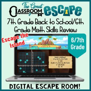 The beginning of the school year does not need to be filled with boring review of math skills. This 7th grade back to school math activity has kids racing to escape a deserted island while reviewing several important 6th grade math skills. Get kids engaged and collaborating! as they work with rates and ratios, show their geometry skills by finding the area of right triangles, and much more!