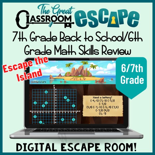 The beginning of the school year does not need to be filled with boring review of math skills. This 7th grade back to school math activity has kids racing to escape a deserted island while reviewing several important 6th grade math skills. Get kids engaged and collaborating! as they work with rates and ratios, show their geometry skills by finding the area of right triangles, and much more!