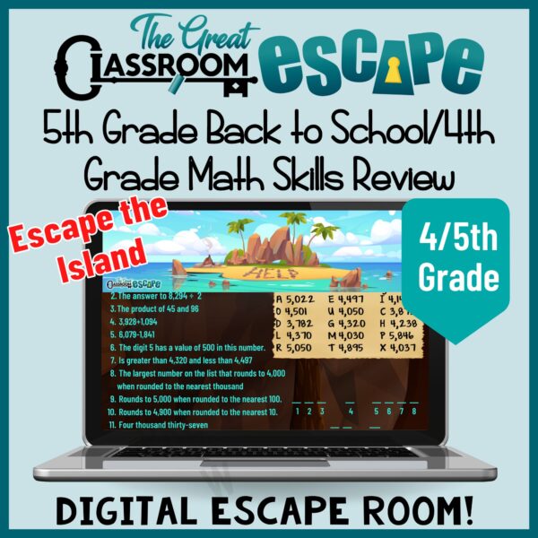 Get kids engaged at the beginning of the school year with this fun digital escape room reviewing 4th grade math skills. This is the perfect back-to-school activity for fifth grade math students to get to know each other while practicing skills and collaborating to solve puzzles.