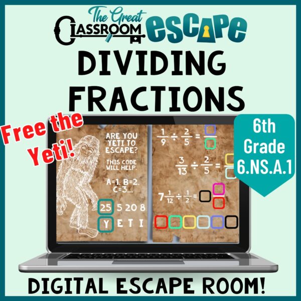 A unique activity to practice dividing fractions and mixed numbers. This digital escape room is based on sixth grade math standard 6.NS.A.1 and includes unique ways to practice division of fractions and mixed numbers as well as interpreting quotients in fraction word problems.