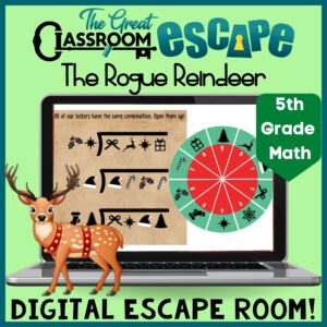 Engaging and challenging Christmas math activity for 5th graders. The Reindeer have gone rogue & it is up to your class to use their knowledge of adding fractions and dividing by two-digit numbers to save Christmas in this engaging digital escape room.