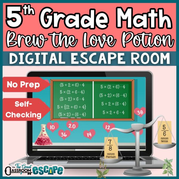 5th grade math valentine's day activity. This fun and engaging fifth grade math digital escape room is a great way to practice and review important math standards while having fun. The theme of this escape room is completing a love potion using math skills such as order of operations, decimal operations, and more.