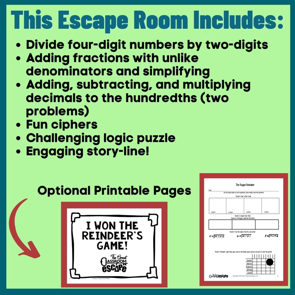 5th Grade Christmas Math Activity Digital Escape Room Adding Fractions ...