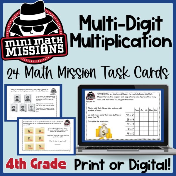 Mini Math Missions engaging multi digit multiplication activities keep students engaged in practicing and reviewing how to multiply 2 digit numbers by 2 digit numbers and much more.