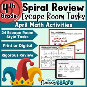 4th grade math review spring morning work end of year test prep escape room activity task cards that help teachers review 4th grade math skills for eoy testing