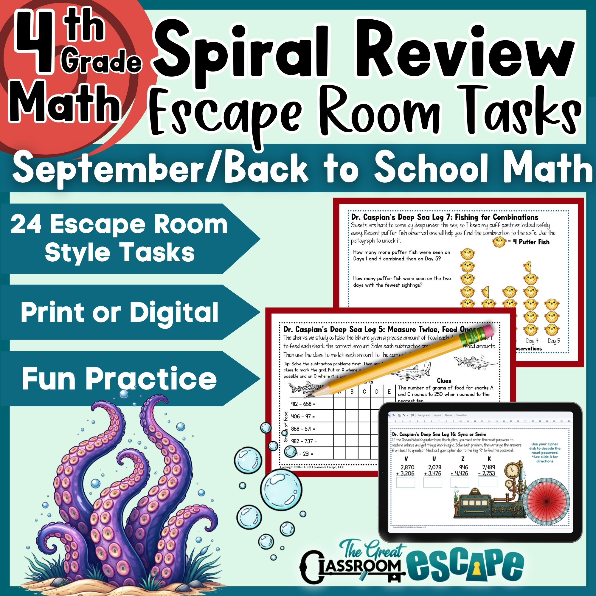 Beginning of the year math review for fourth grade escape room task card challenges for morning work, review, and enrichment