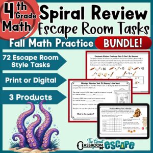 Product cover for a 4th grade fall math spiral review bundle with 72 escape-room puzzles for September, October, and November.
