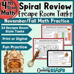 Cover of a 4th grade November math spiral review resource featuring 24 Clockwork Kitchen escape-room puzzles.