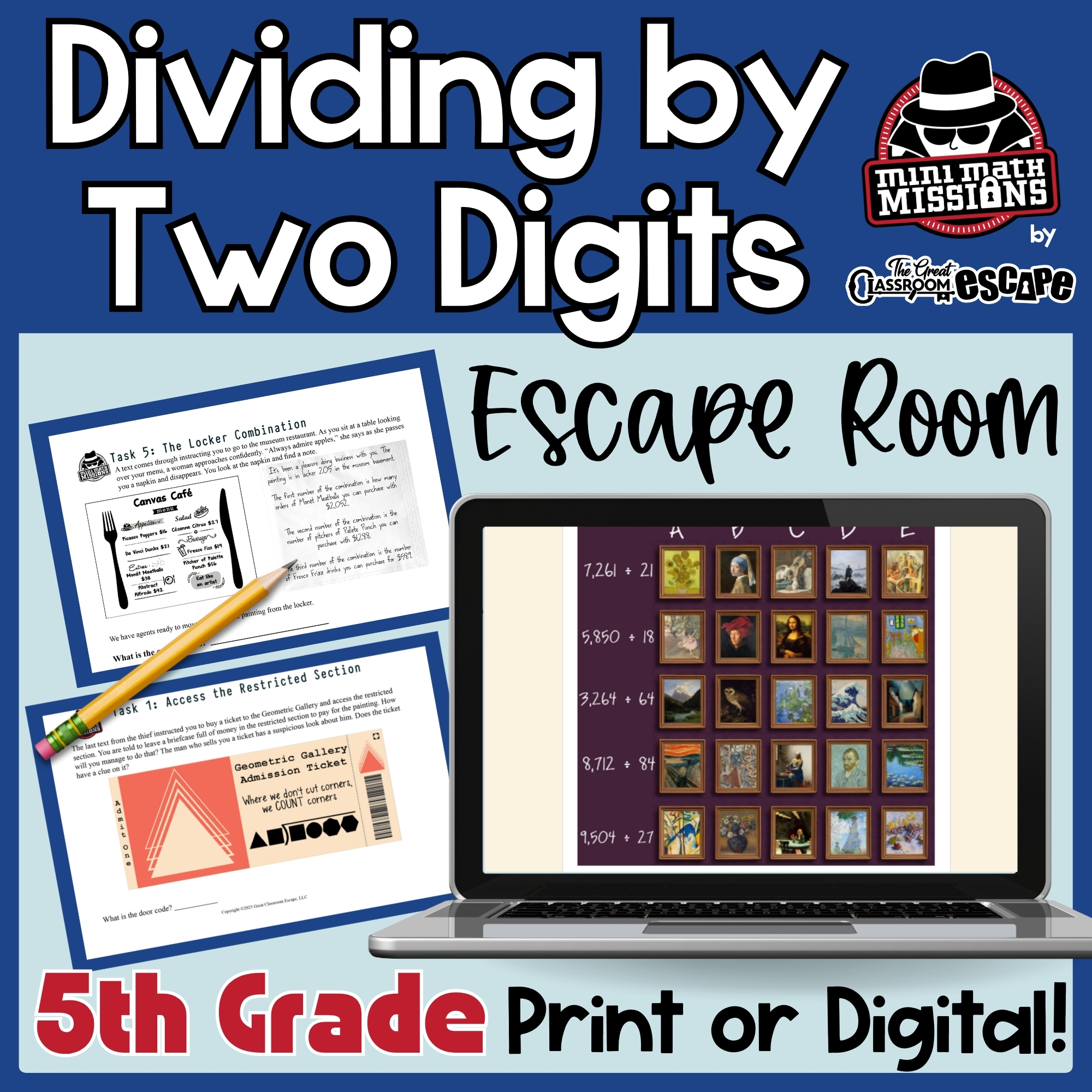 Fifth grade long division escape room with four-digit dividends and two-digit divisors