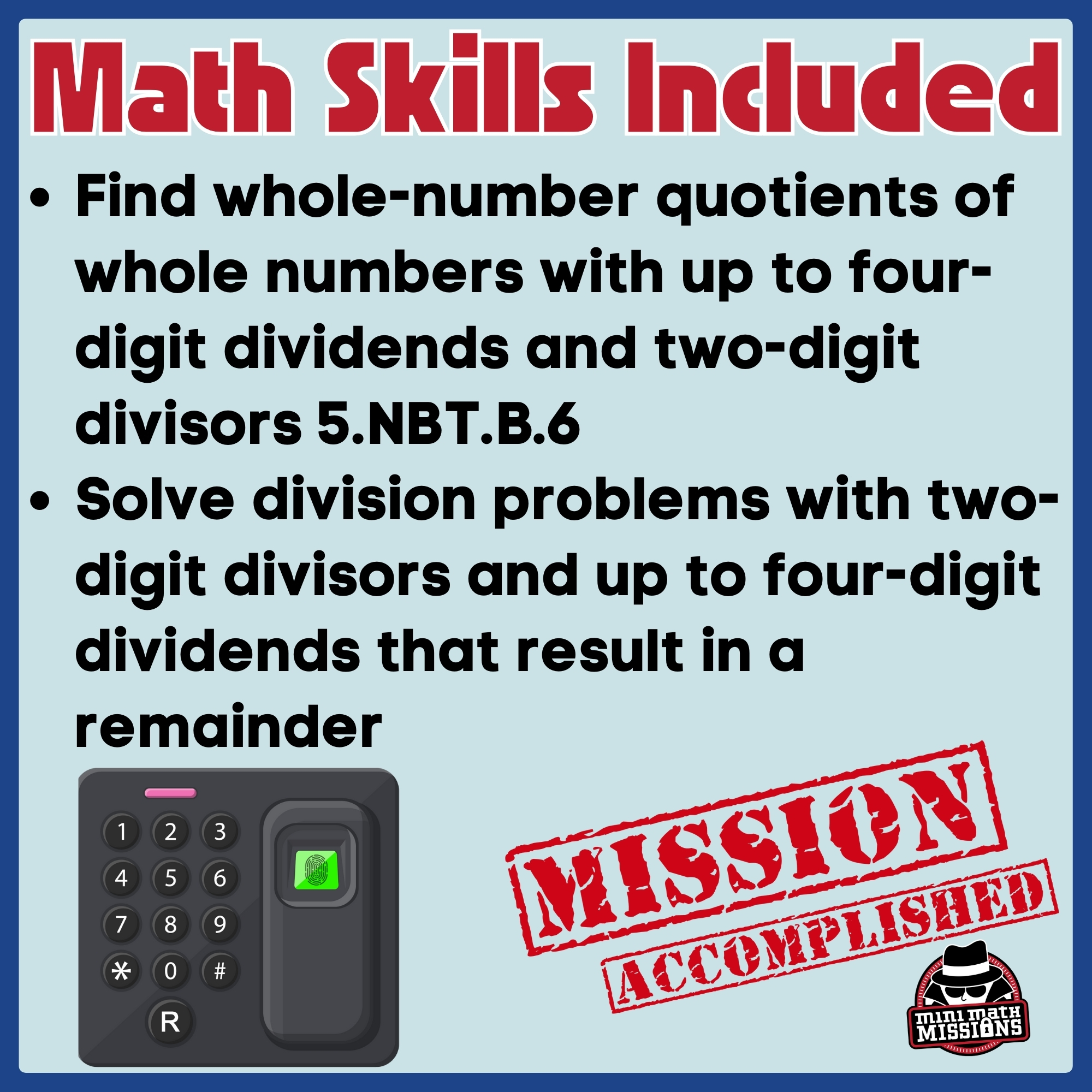 Skills covered: division with up to four-digit dividends and two-digit divisors, including remainders, for 5th grade.