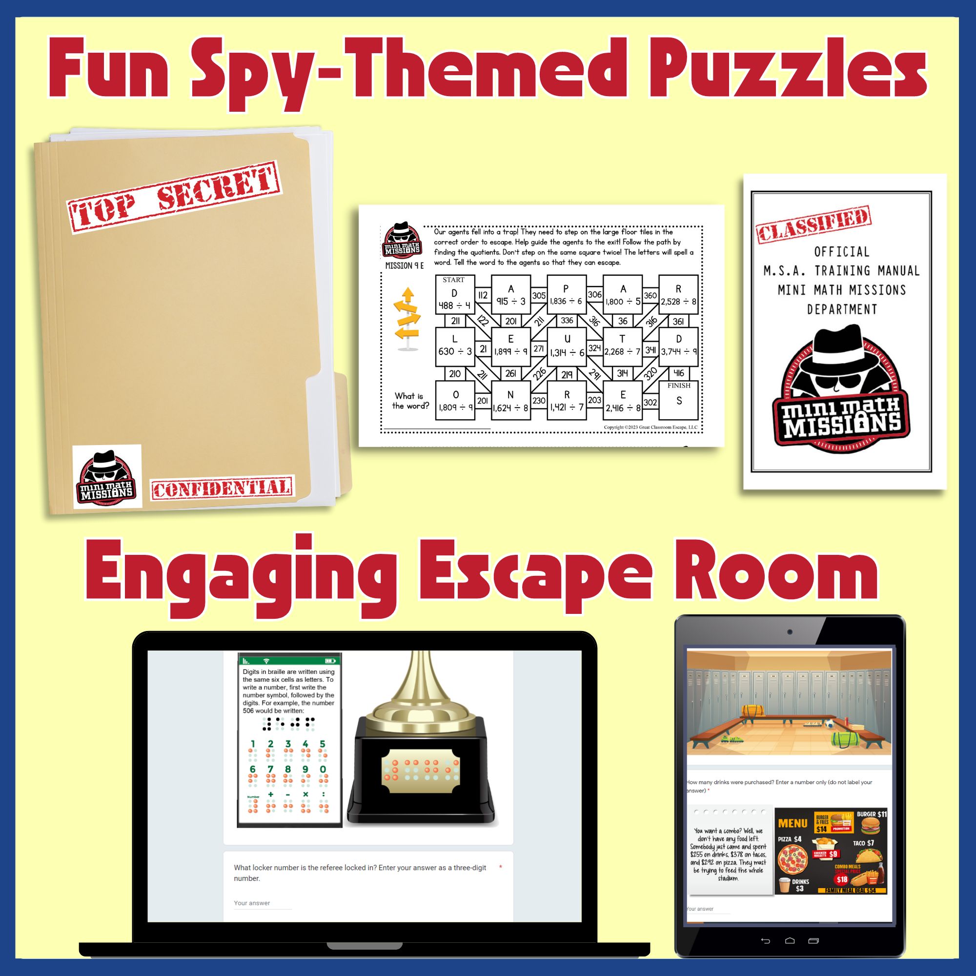 Long division escape room and task card activities for active fourth grade math practice