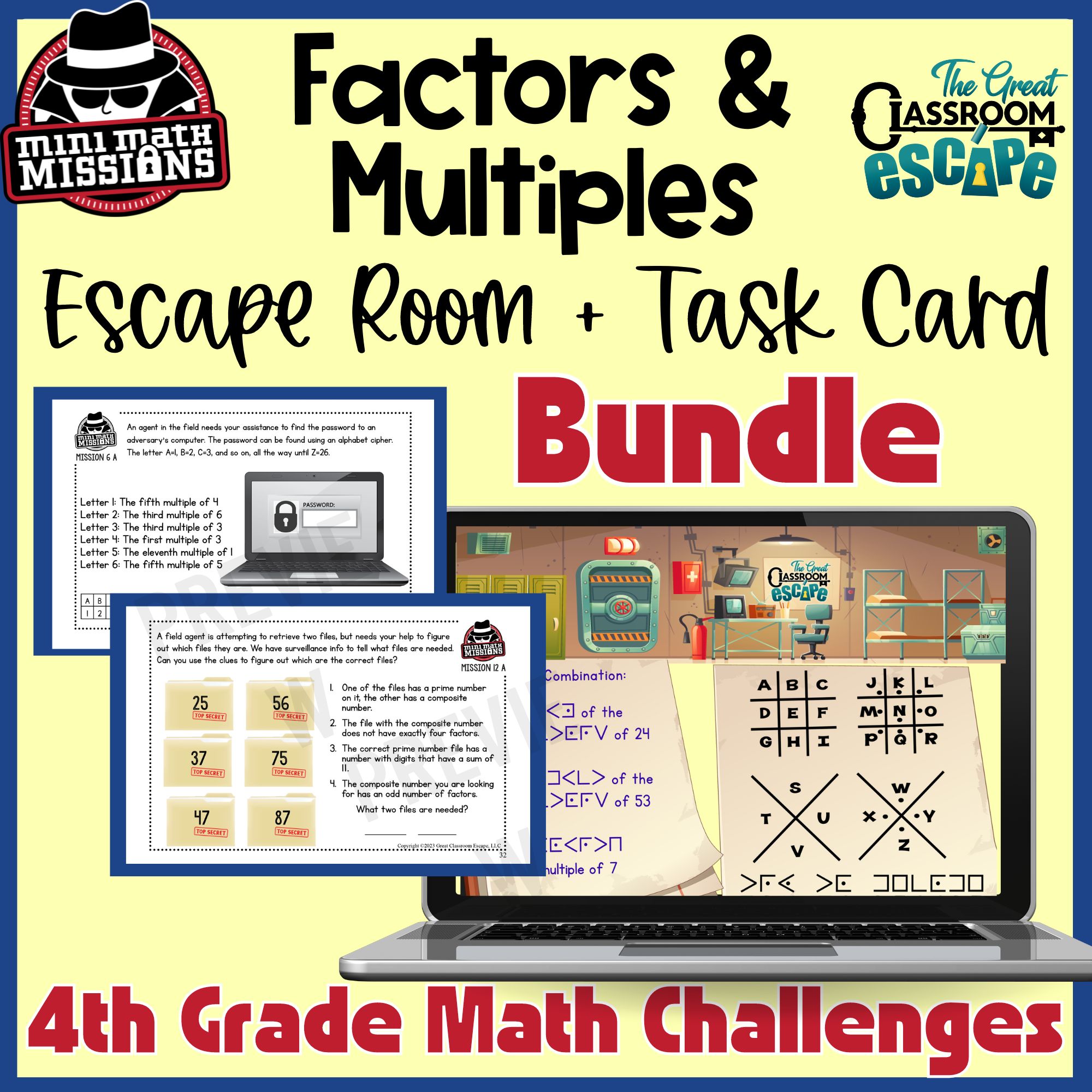 4th grade factors and multiples escape room and task card bundle cover