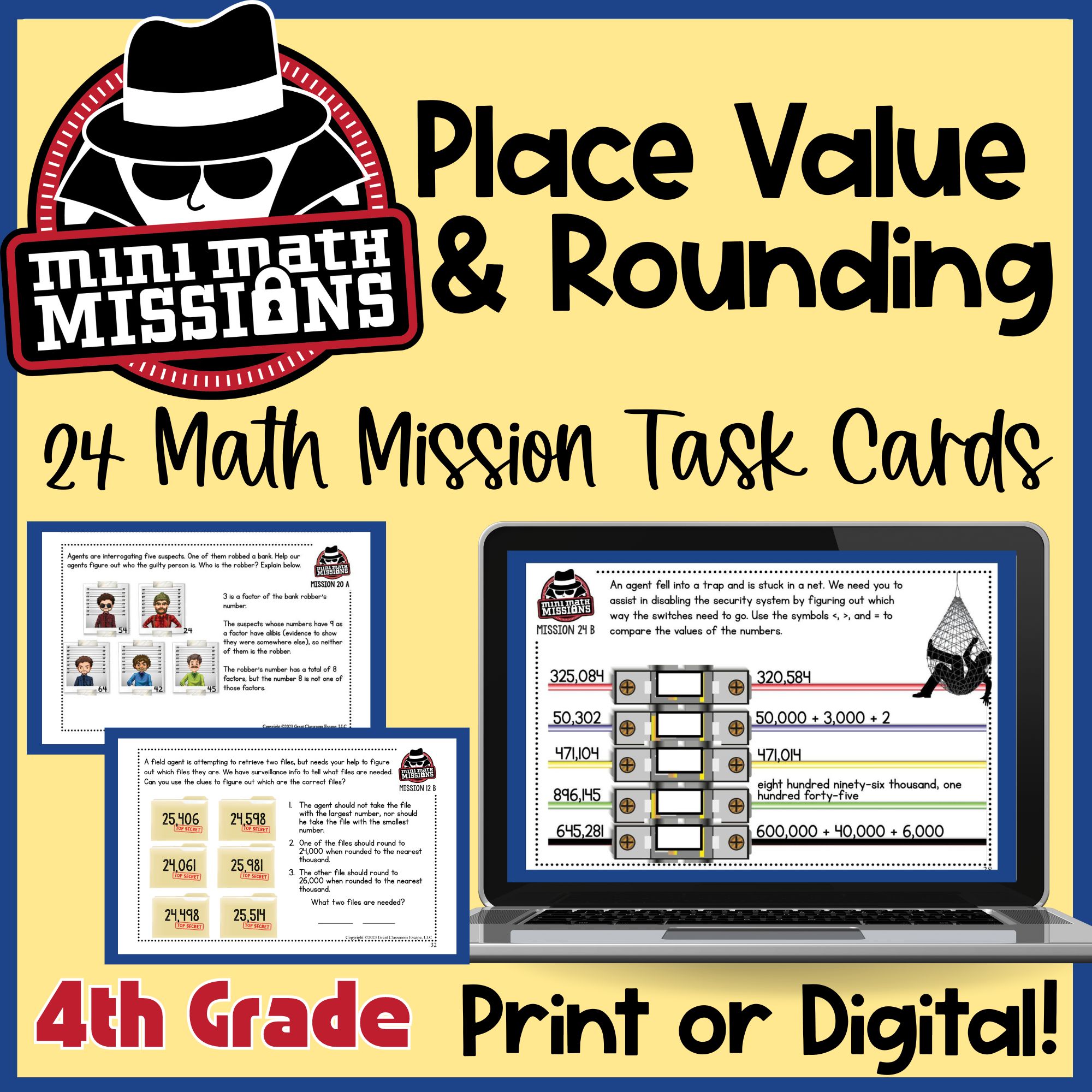 Fourth grade place value activities with an escape room and printable task cards