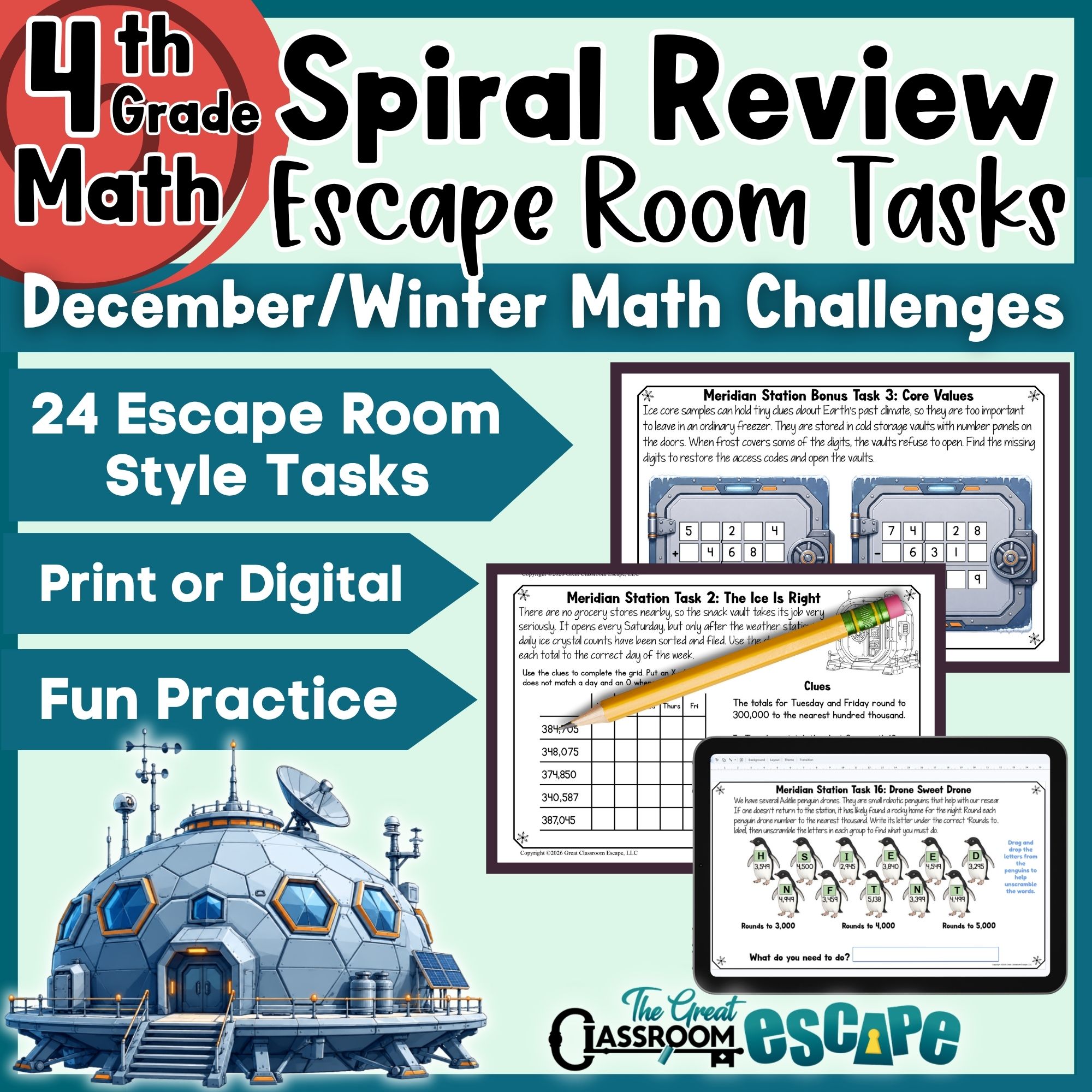 December fourth-grade spiral-review escape room task cards at Meridian Station