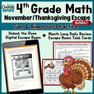 4th grade Thanksgiving math bundle with a full escape room and November puzzle task cards