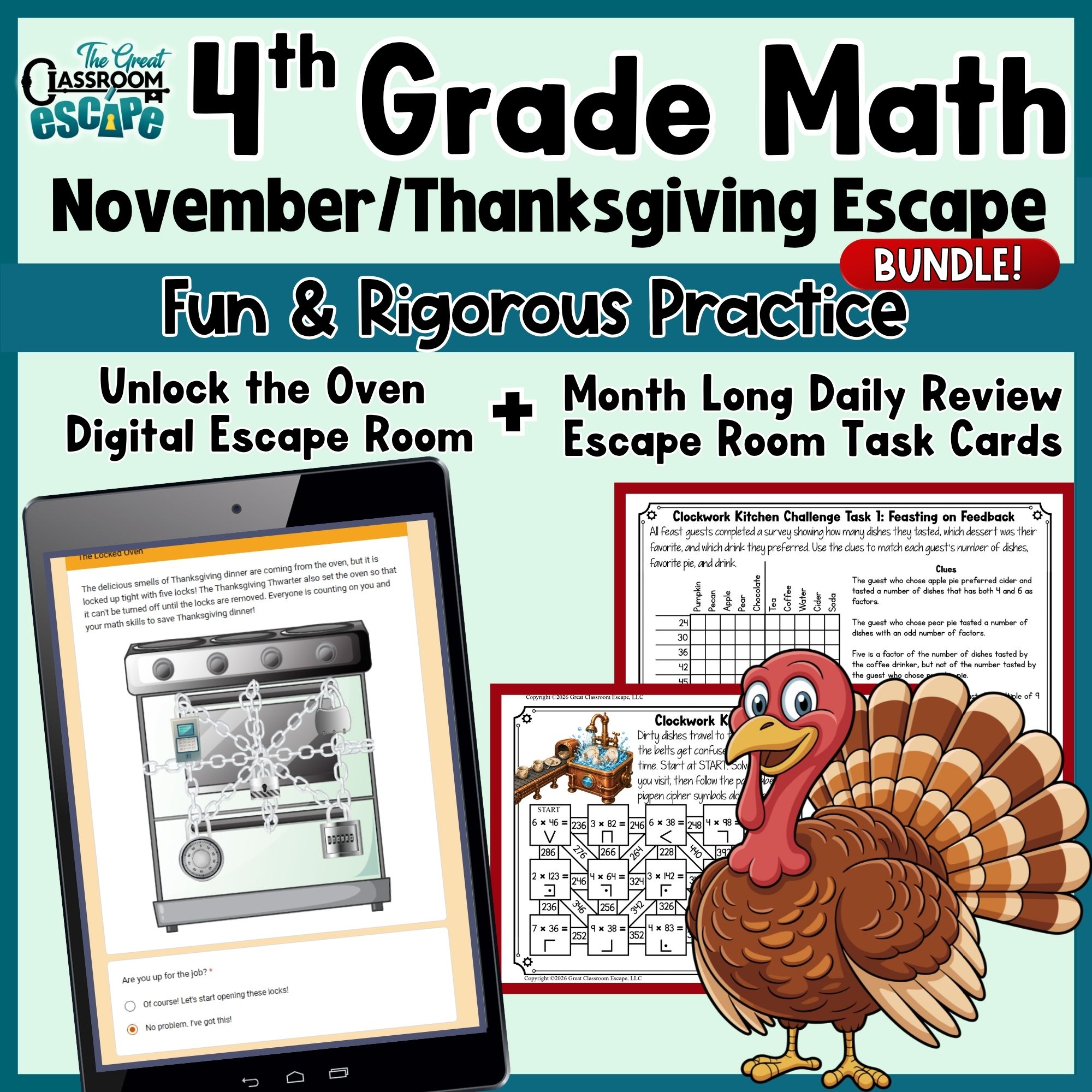 4th grade Thanksgiving math bundle with a full escape room and November puzzle task cards