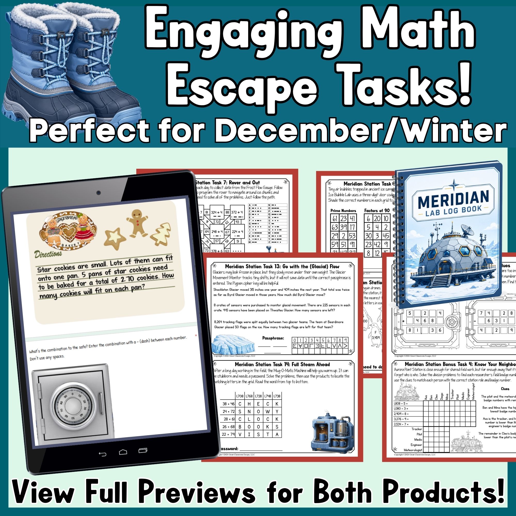 Winter-themed fourth-grade math escape room challenges in digital and printable formats