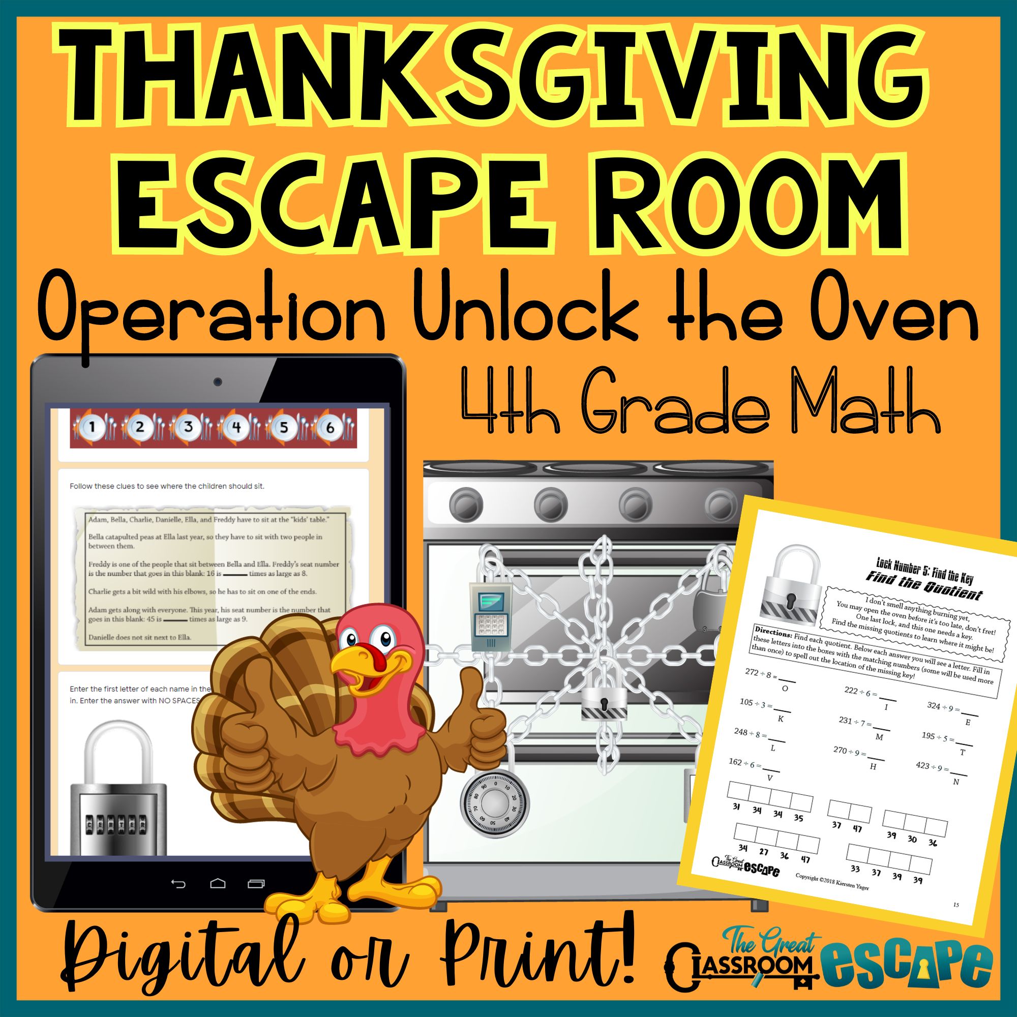 Operation Unlock the Oven printable and digital 4th grade Thanksgiving math escape room
