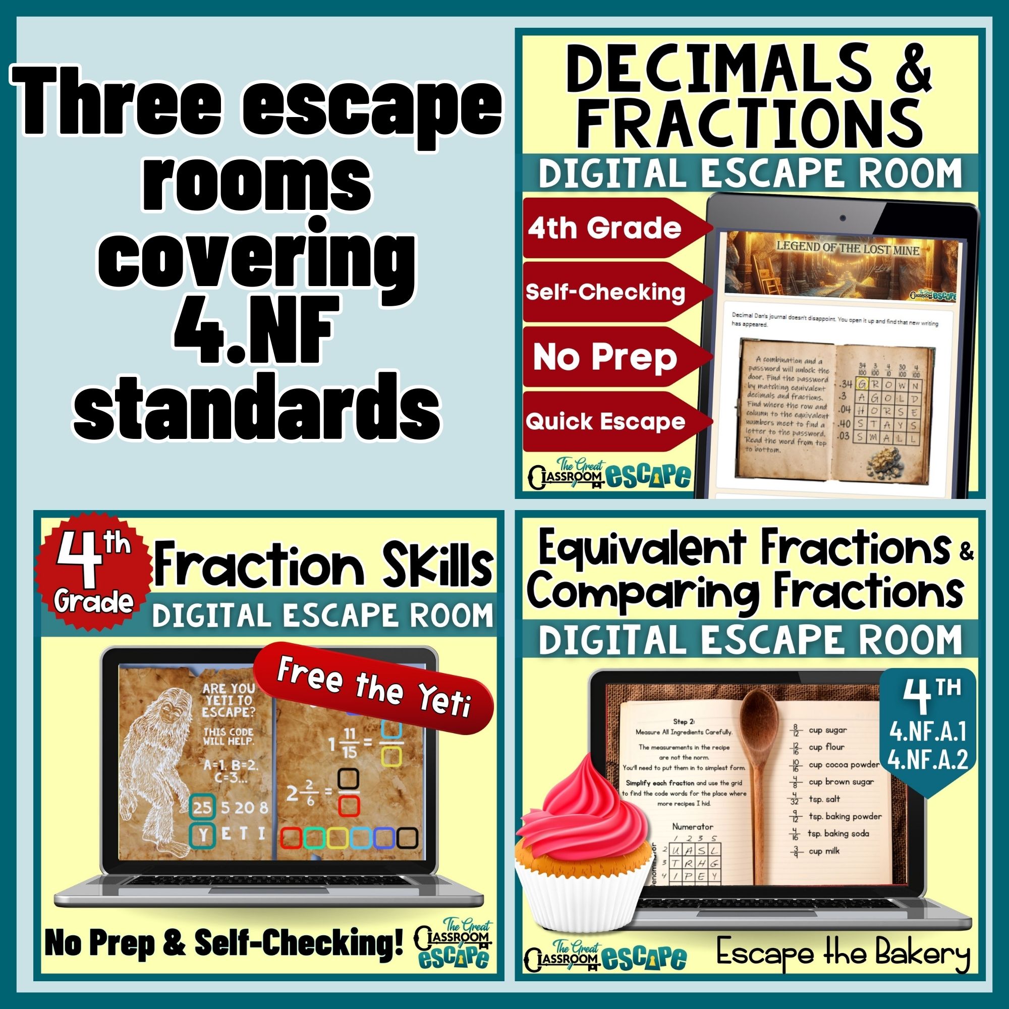 Three digital escape rooms covering 4th grade fraction and decimal standards