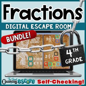 Cover of the self-checking 4th grade fractions digital escape room bundle