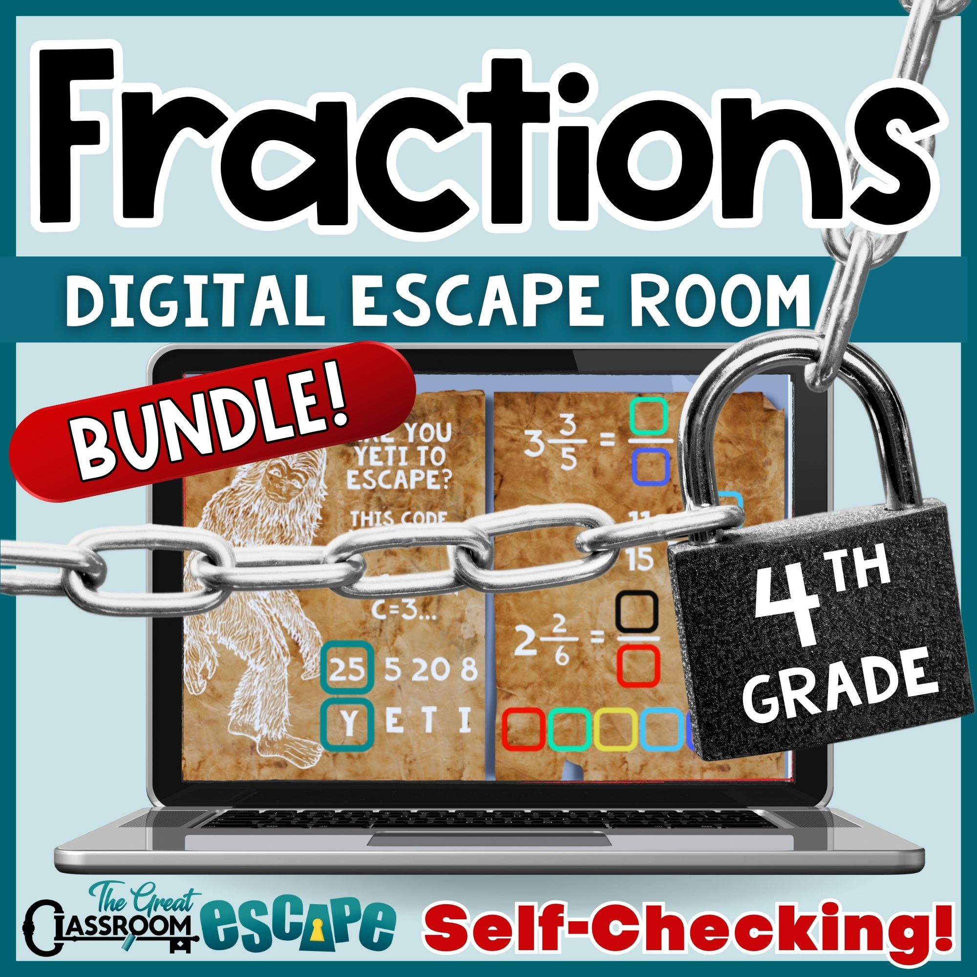 Cover of the self-checking 4th grade fractions digital escape room bundle