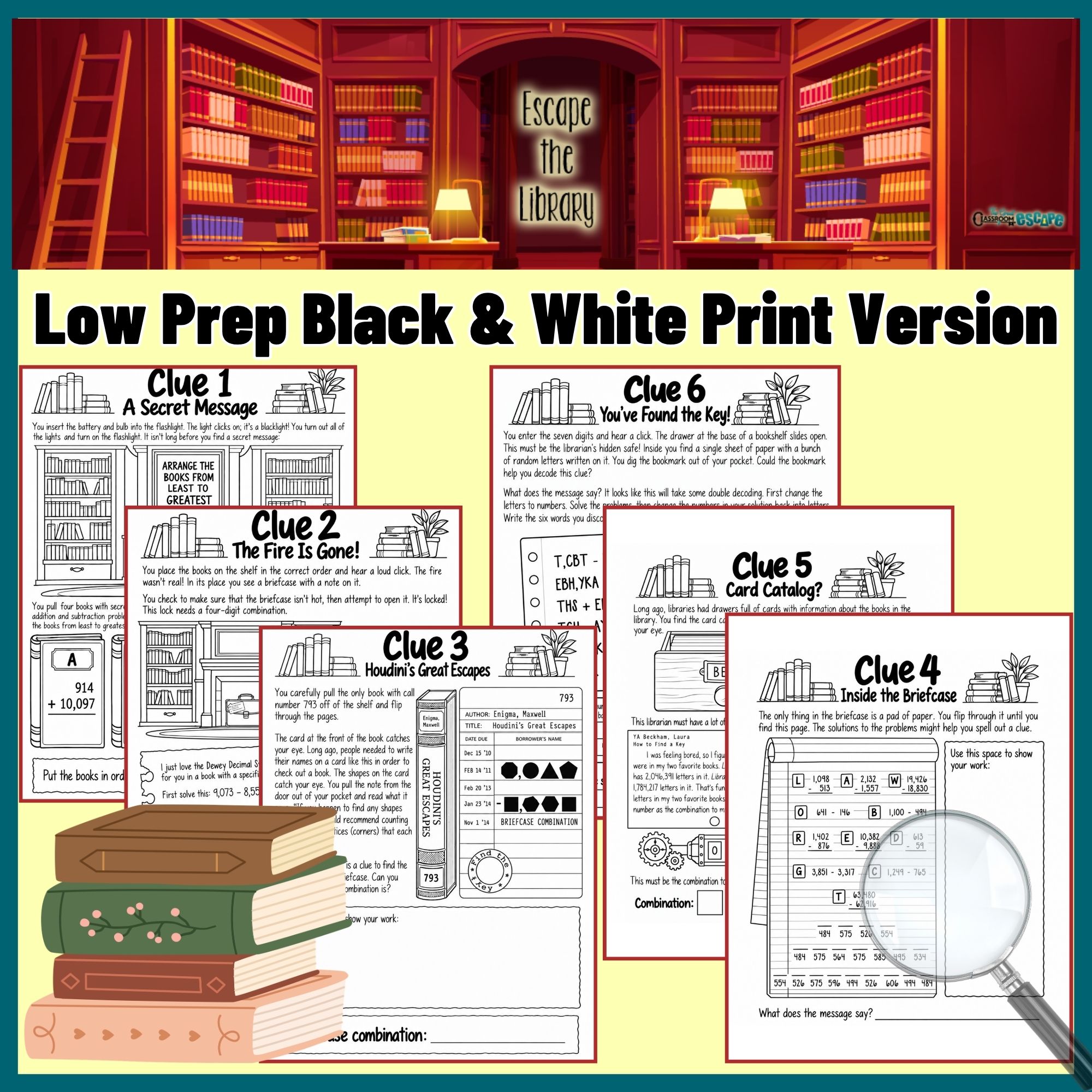 Black-and-white printable 4th grade addition and subtraction escape room clue pages