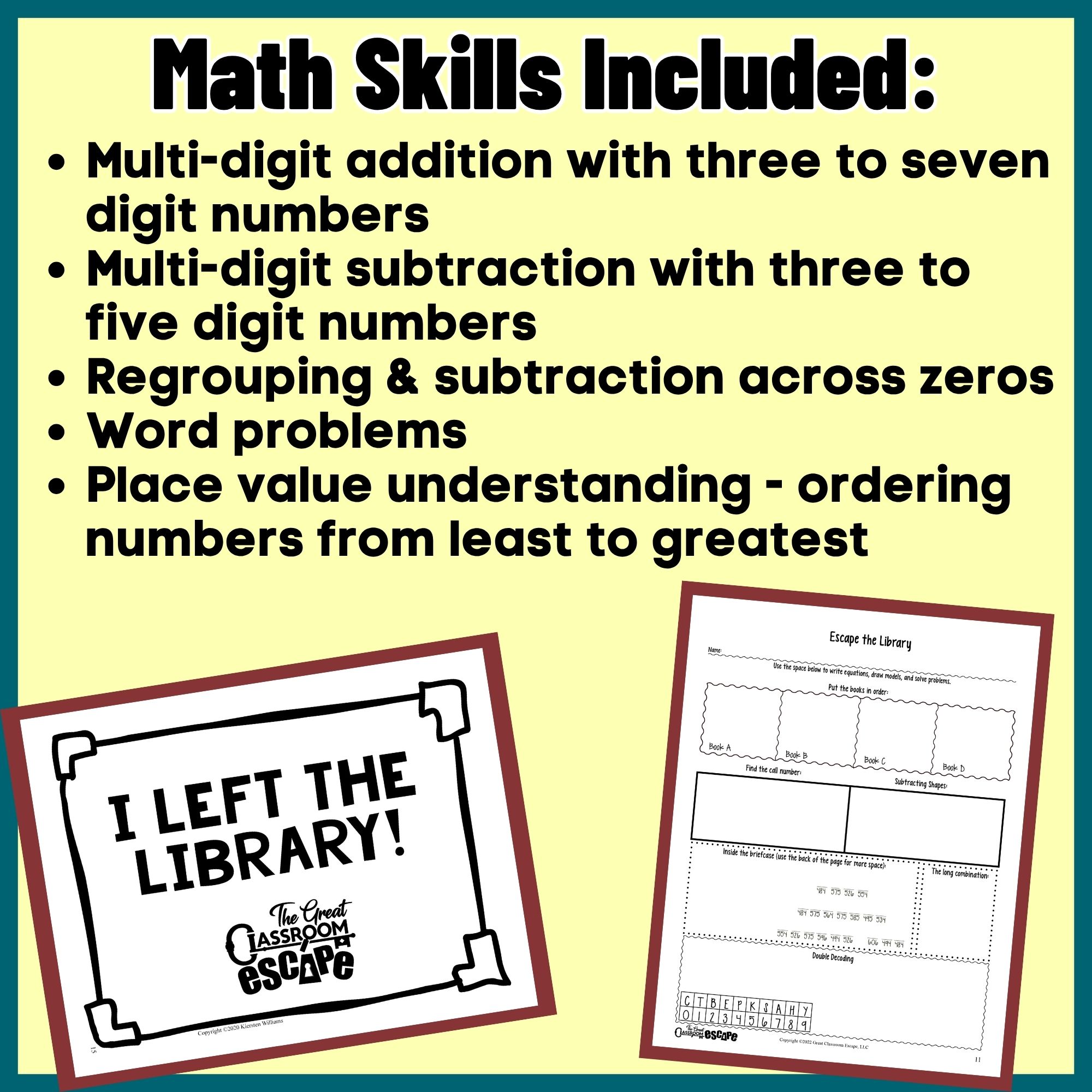 Math skills included in the 4th grade multi-digit addition and subtraction escape room