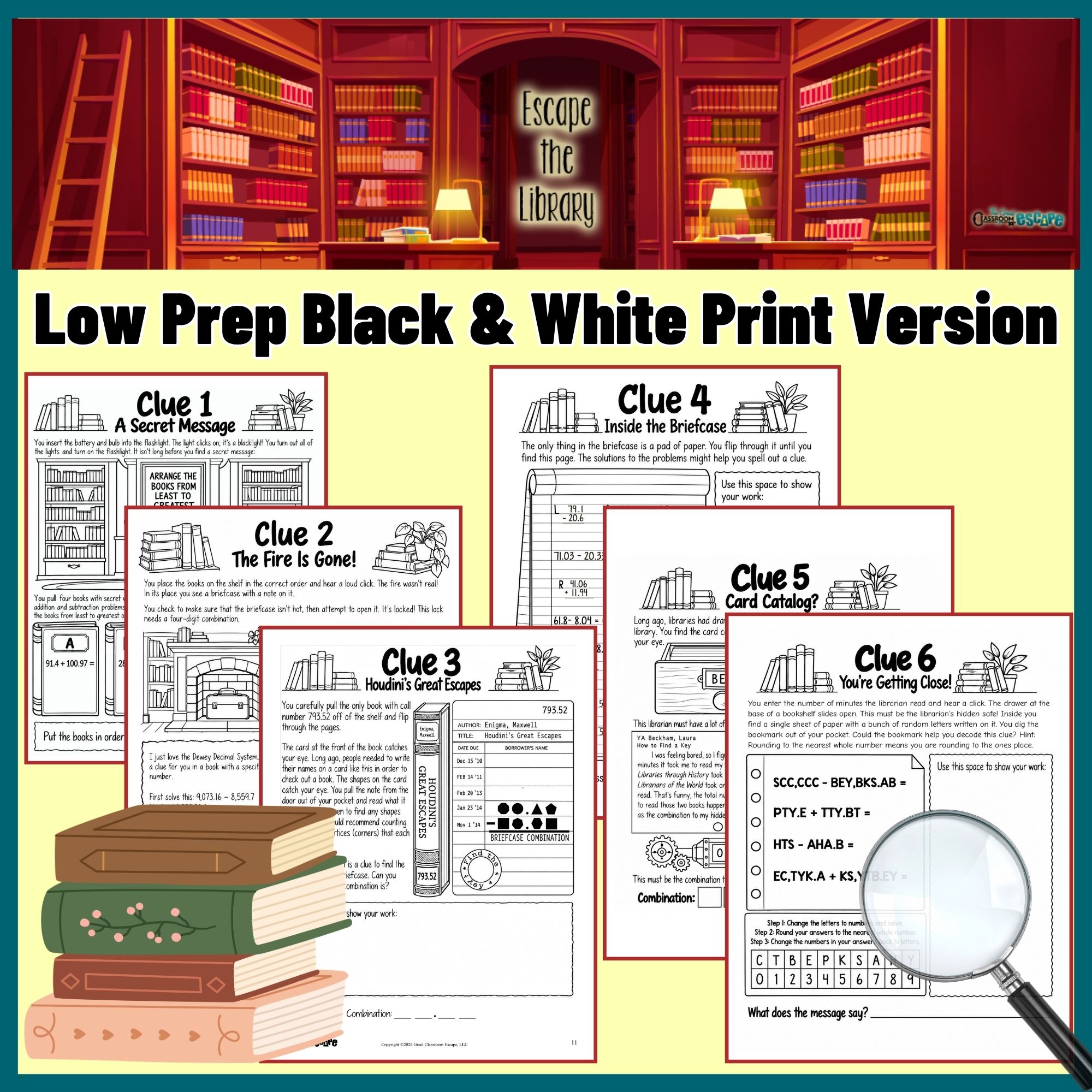 Printable 5th grade adding and subtracting decimals escape room with six library-themed clues