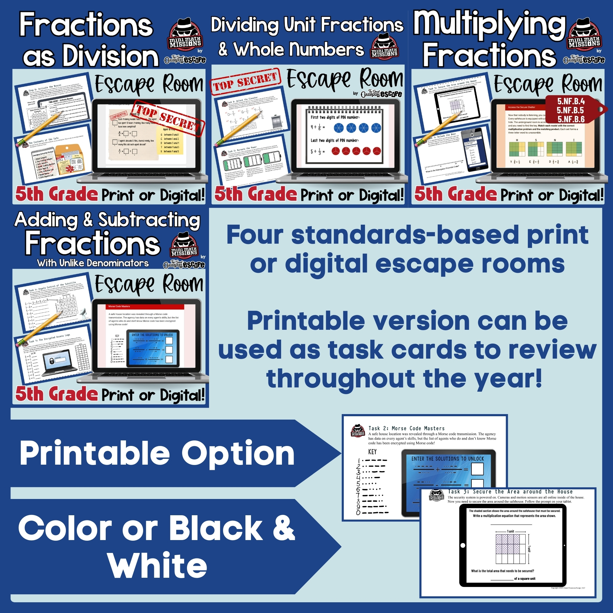 Fraction operations escape room activities included in the fifth grade math bundle