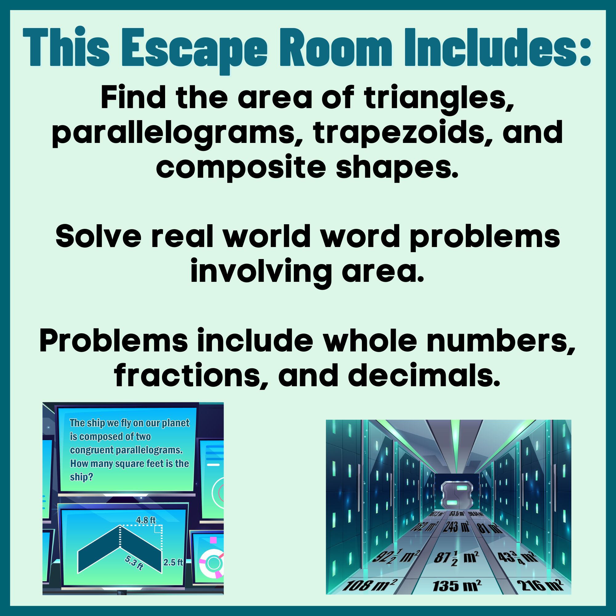 Area skills included: triangles, parallelograms, trapezoids, composite shapes, and real-world word problems