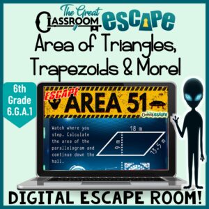 Cover of the Area 51 digital escape room for 6th grade area of triangles, trapezoids, and composite shapes