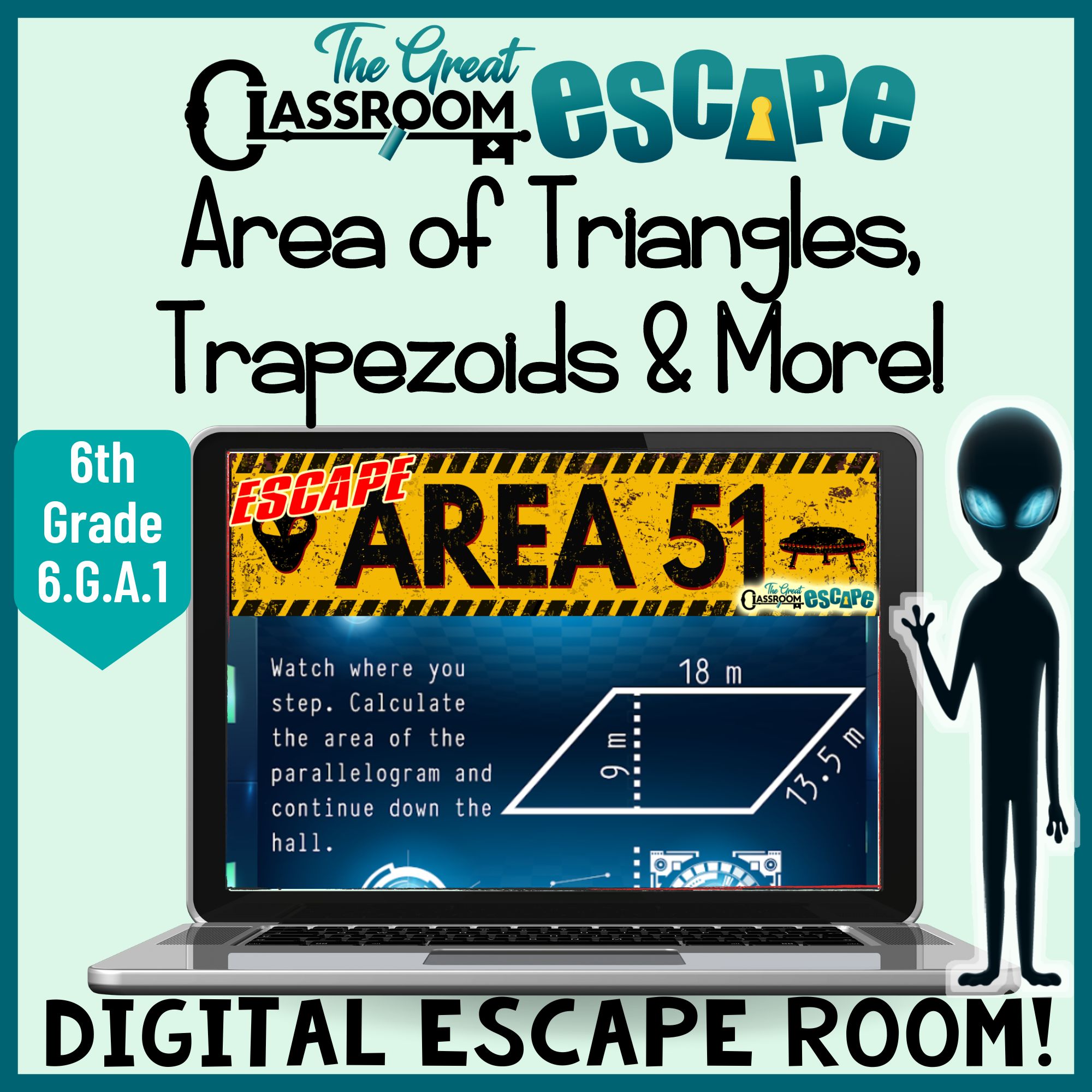 Cover of the Area 51 digital escape room for 6th grade area of triangles, trapezoids, and composite shapes