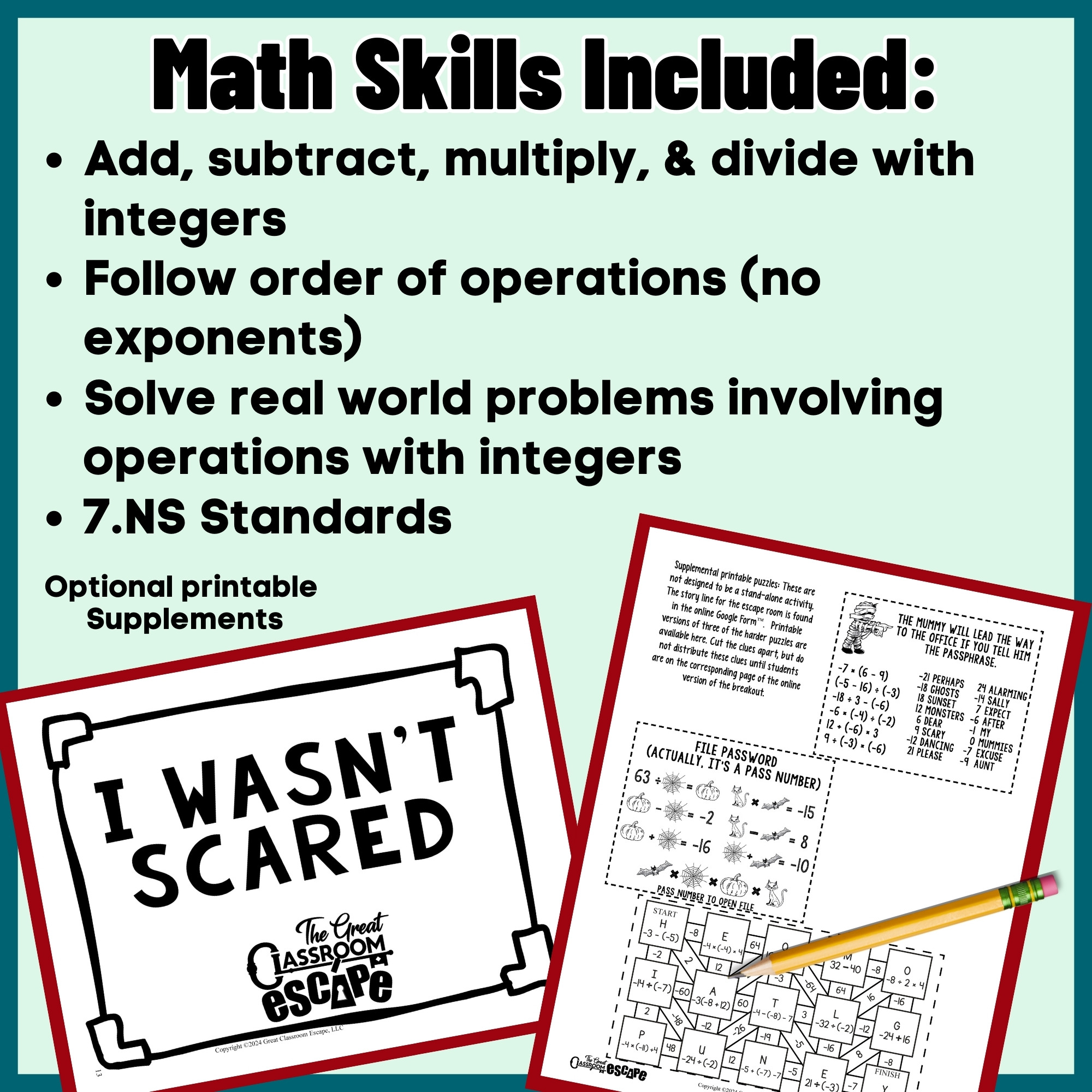 Seventh-grade Halloween math escape room featuring integer operations