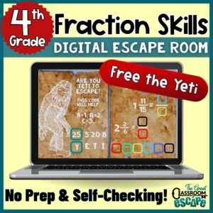 Cover of the Free the Yeti digital escape room for practicing 4th grade fraction skills