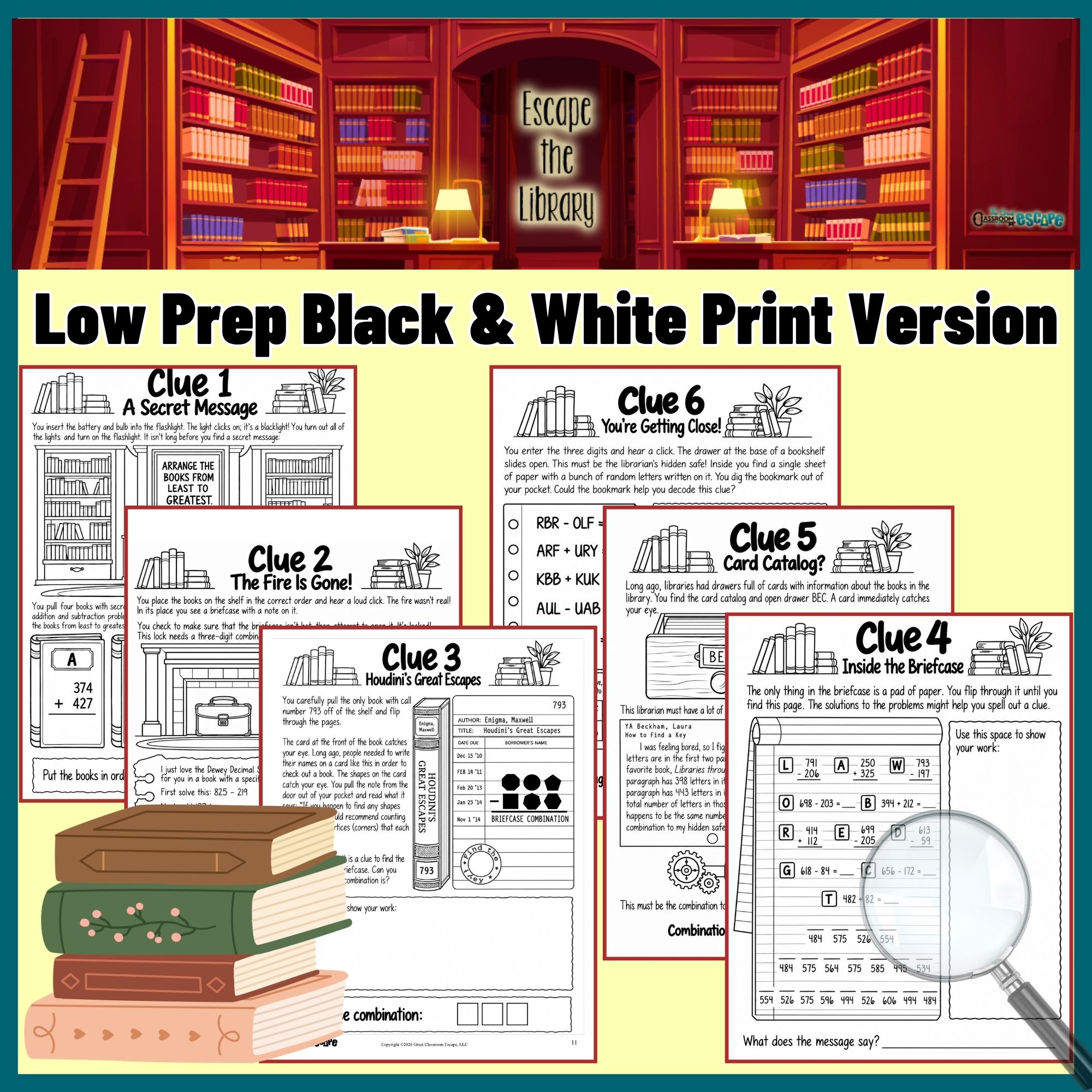 Black-and-white printable 3-digit addition and subtraction escape room clue pages