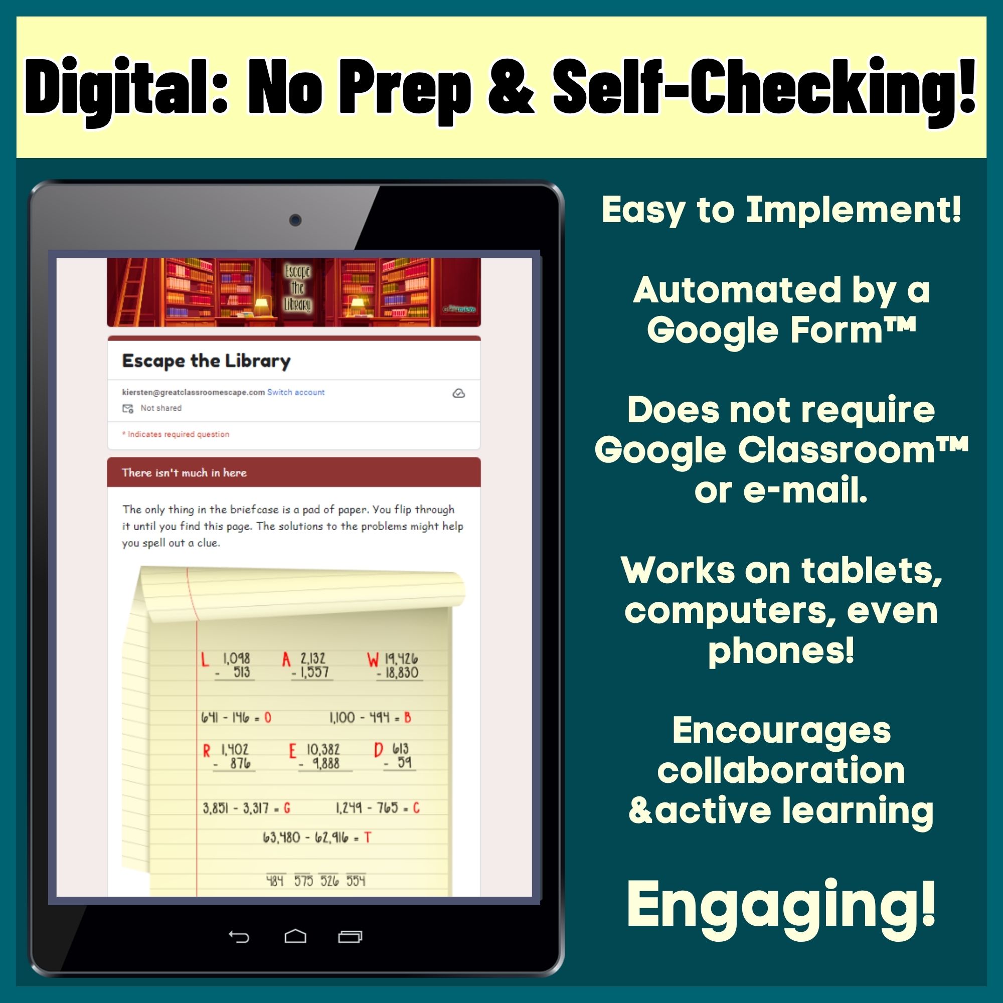 Self-checking Google Forms 4th grade multi-digit addition and subtraction escape room