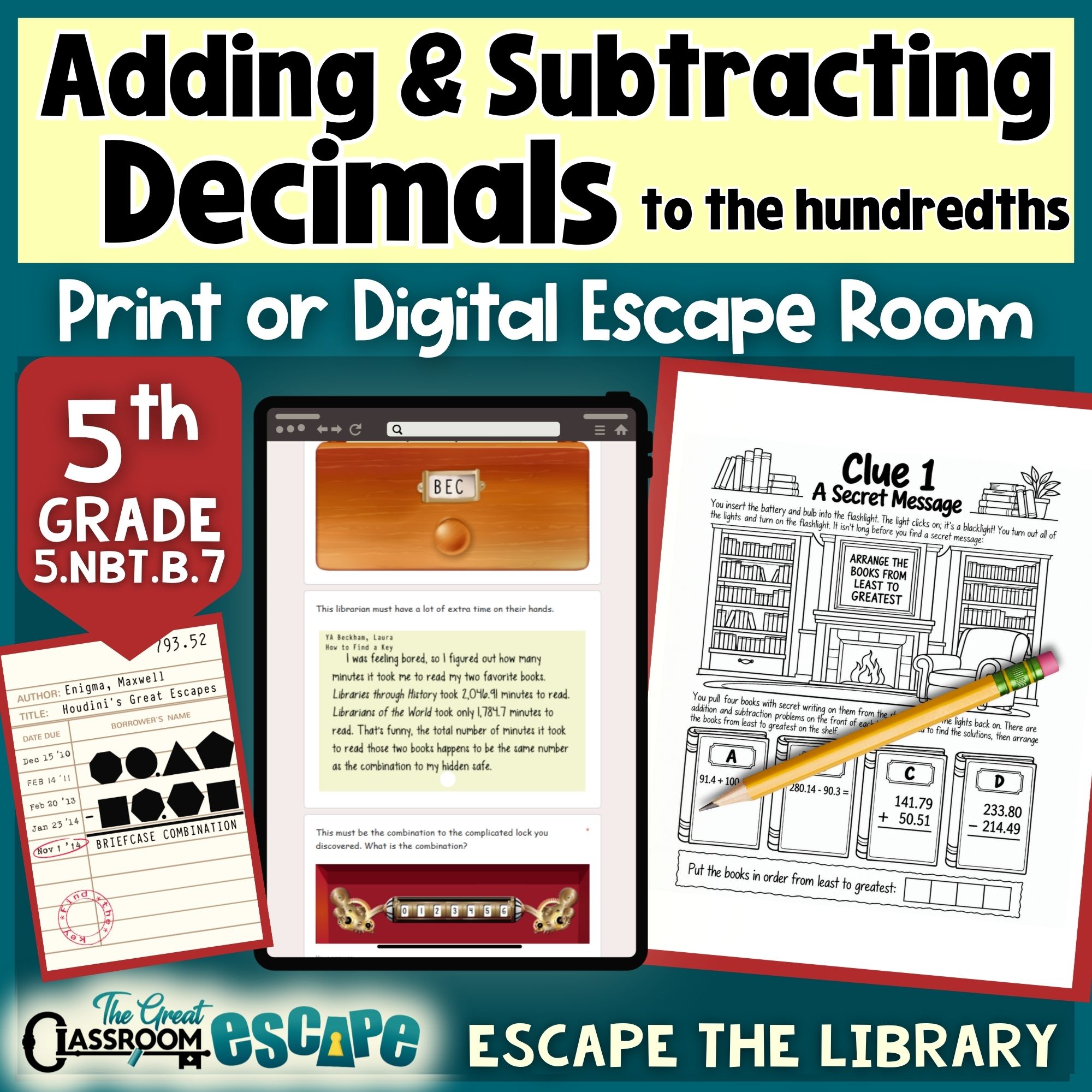 5th grade adding and subtracting decimals escape room in printable and digital formats