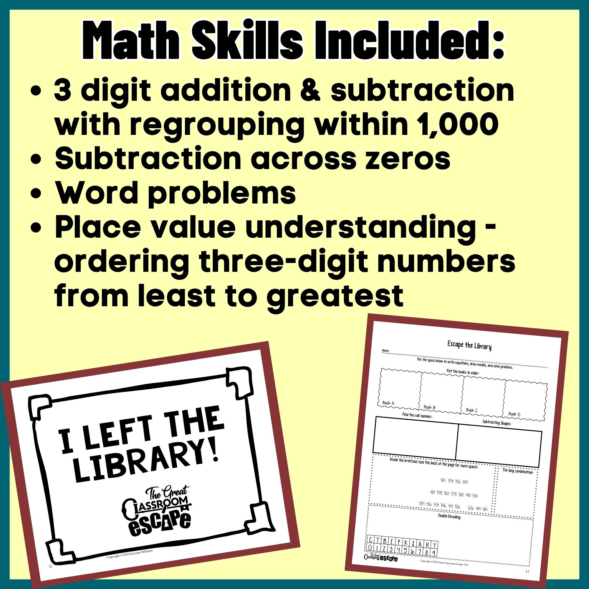 Math skills in the 3-digit addition and subtraction within 1,000 escape room
