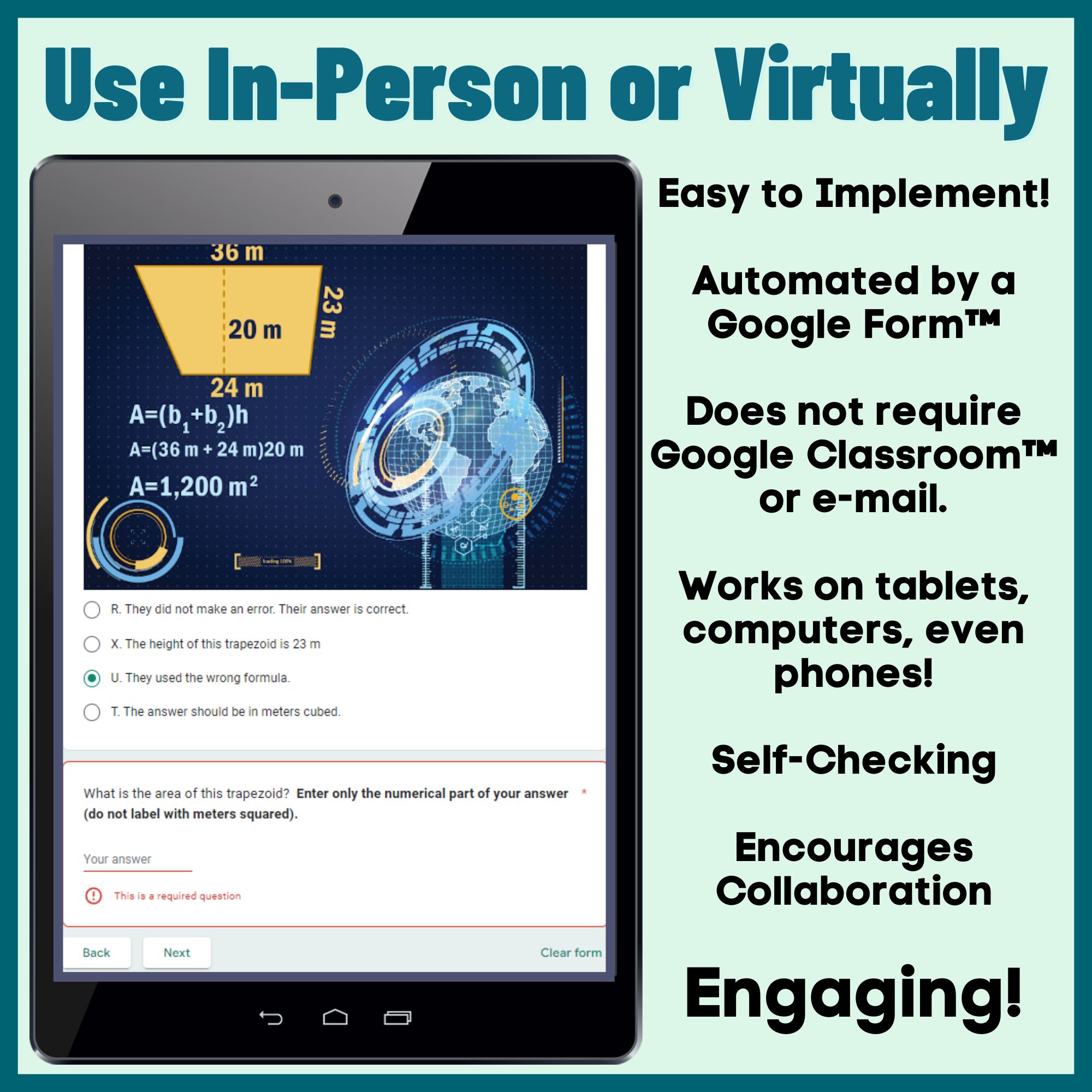 Tablet preview of a self-checking trapezoid area problem in the Area 51 digital escape room