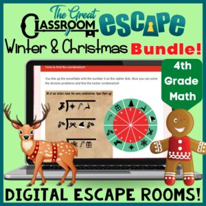 Cover of the 4th grade Christmas and winter math bundle with three digital escape rooms