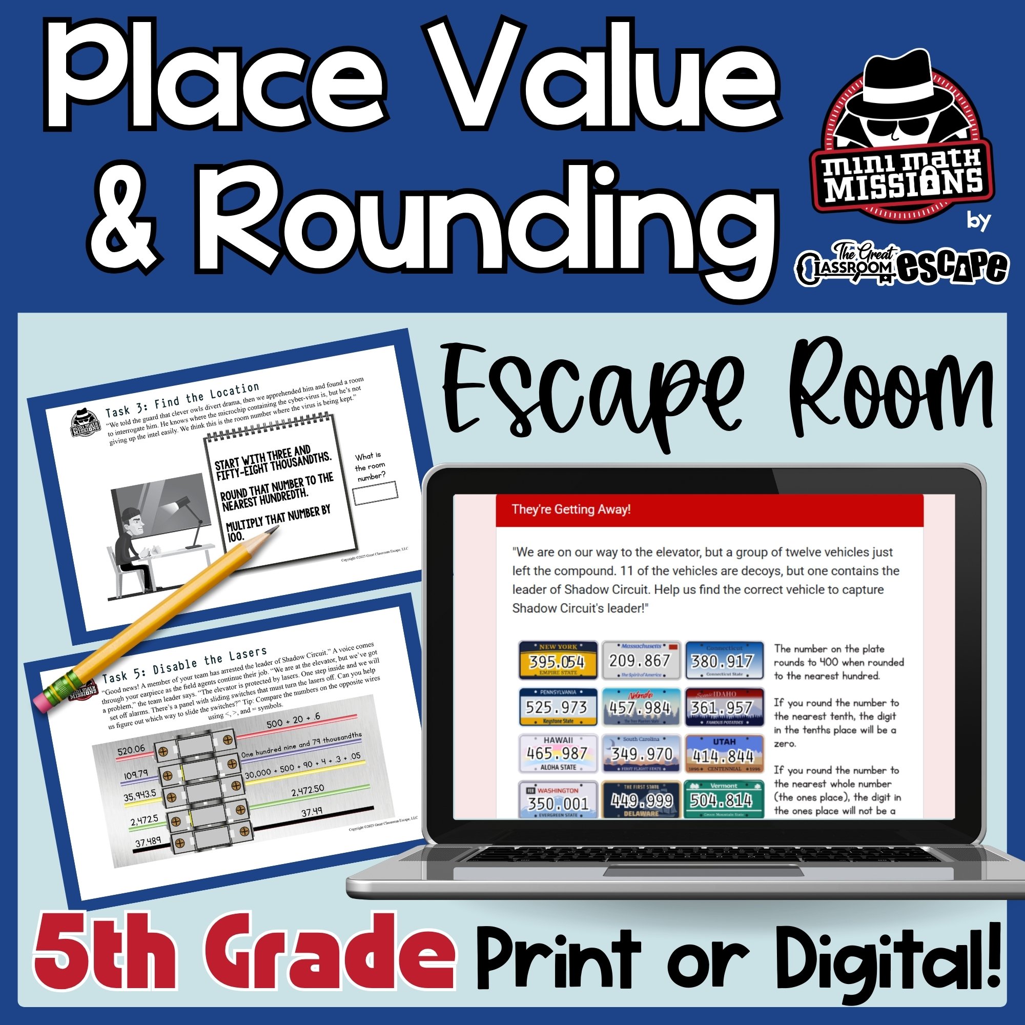 Fifth grade decimal place value and rounding escape room cover