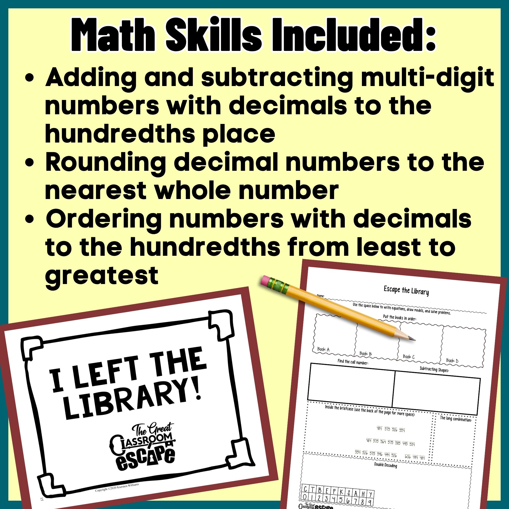 Decimal operations skills for a 5th grade printable escape room, including rounding and ordering